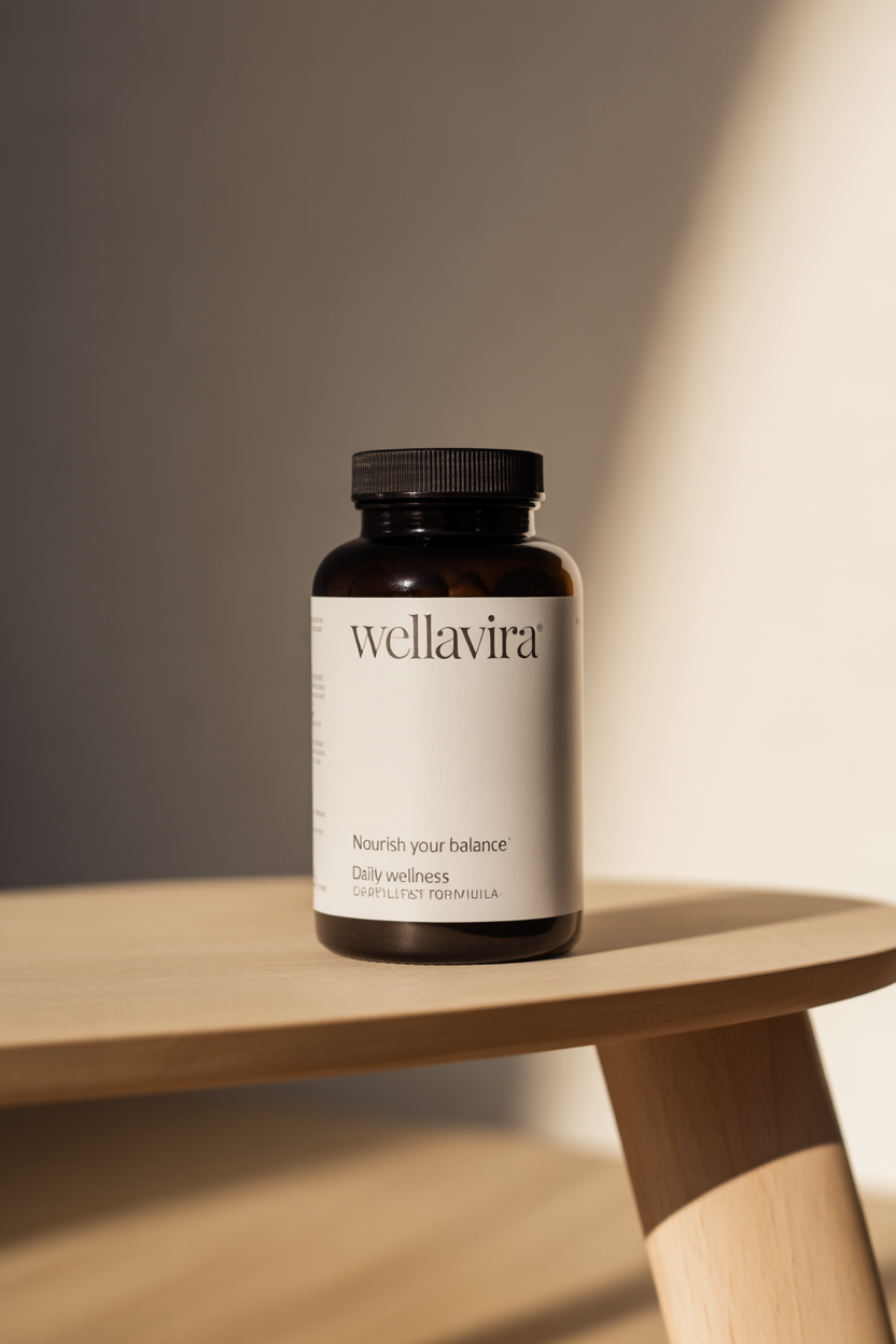Wellavira supplement bottle with daily wellness formula